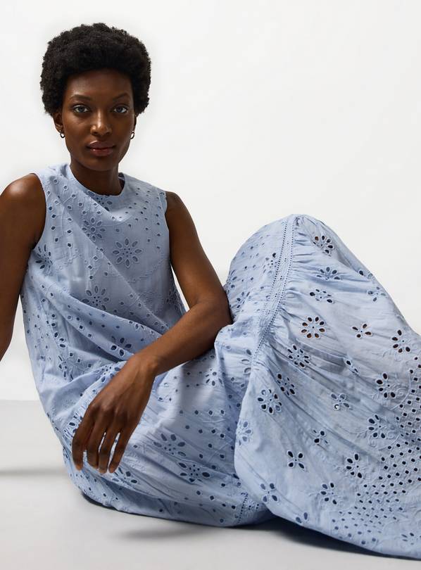 Light Blue Broderie Detail Sleeveless Smock Dress. 20